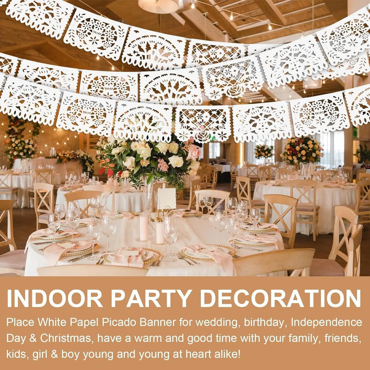 White paper picado banner for indoor party decoration used for weddings, birthdays, and holidays
