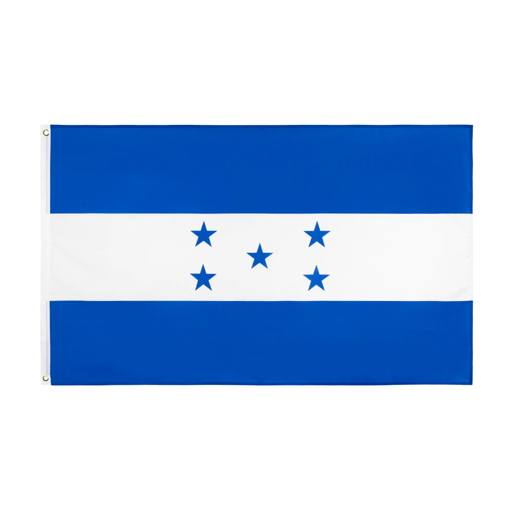 A rectangular flag of Mexico with horizontal blue and white stripes and five blue stars.