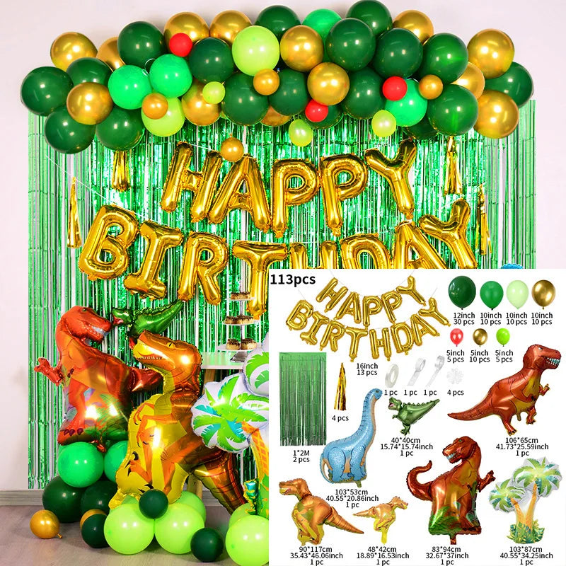 A dinosaur-themed party balloon arch kit featuring foil balloons and a green tinsel curtain backdrop.