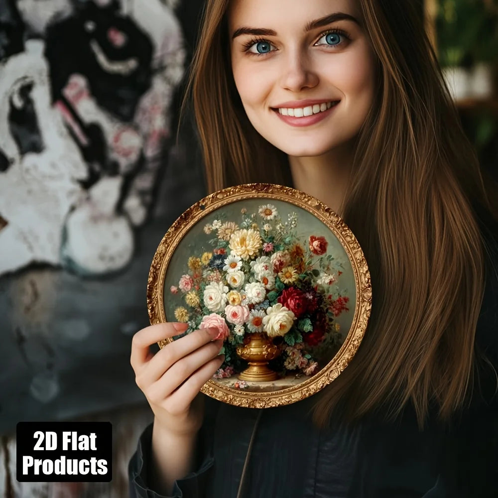 A young woman holds a round wooden sign featuring vintage floral wall art with roses and greenery.