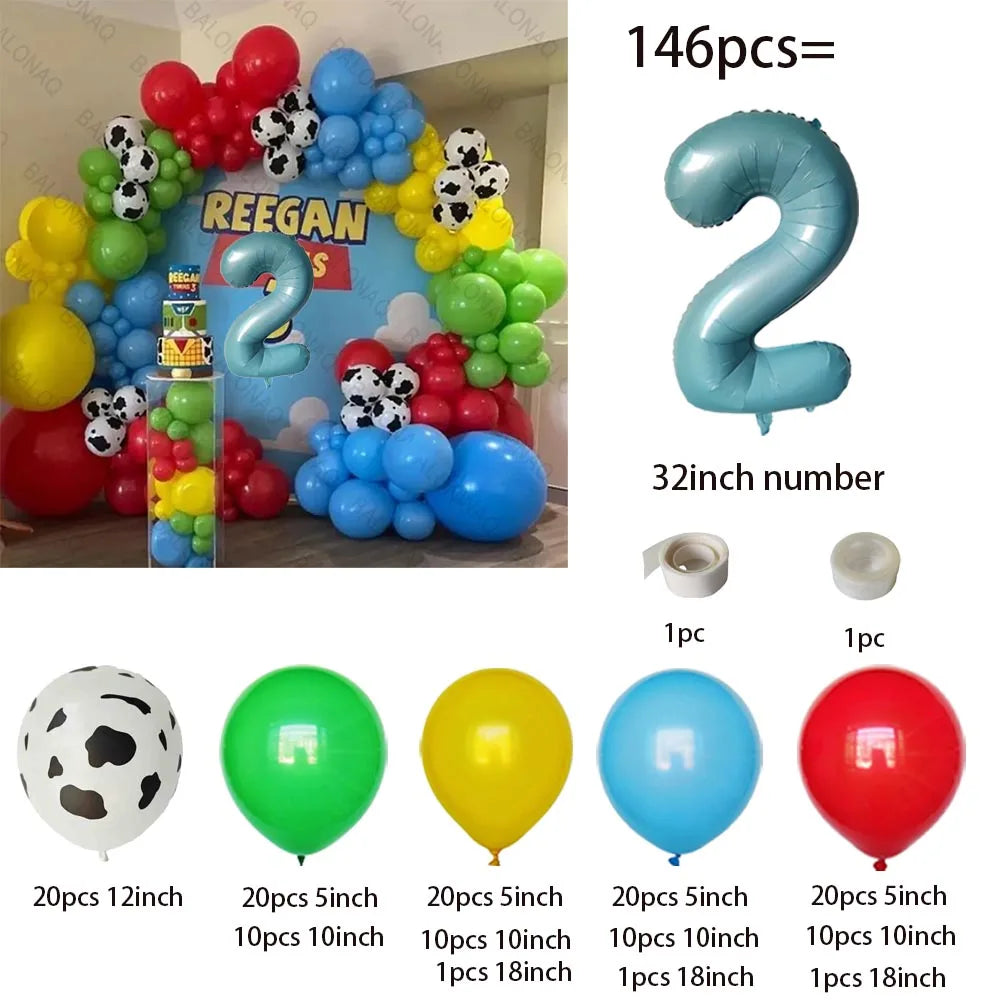 A colorful latex balloon garland kit featuring balloons in red, blue, and green colors.