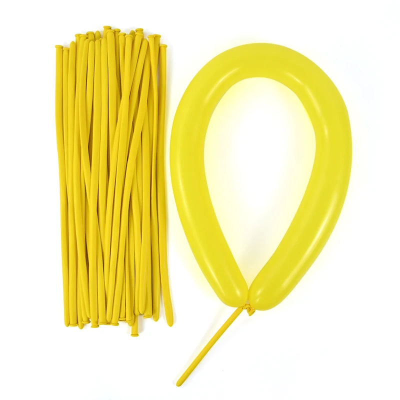 A bundle of yellow twisting balloons next to a single yellow balloon with a nozzle.