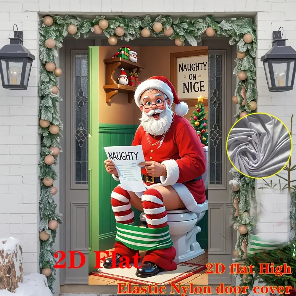A festive Christmas decor featuring a Santa figure sitting on a toilet, used as a door cover.