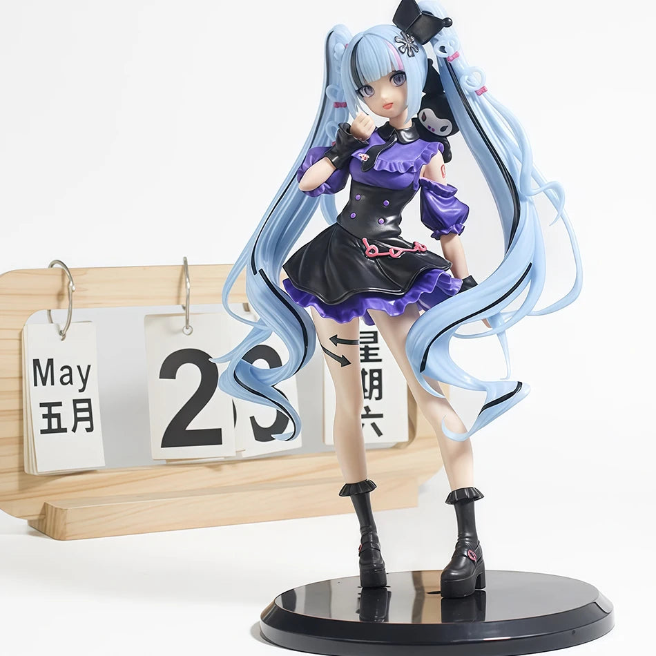 Gothic Lolita Miku action fairy doll with light blue hair and purple outfit displayed on a wooden board.