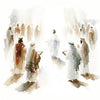 Watercolor painting depicting a crowd of figures, possibly Jesus and shepherds, in soft earth tones.