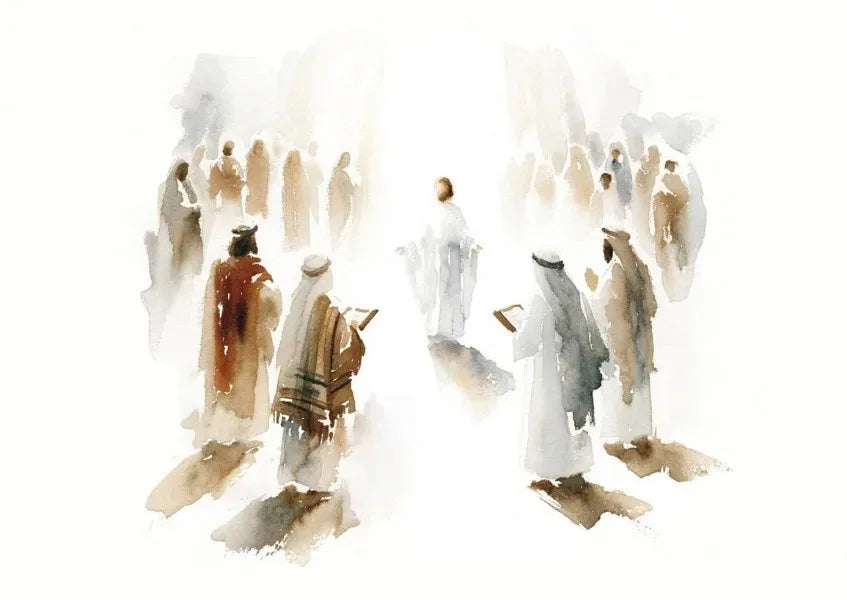Watercolor painting depicting a crowd of figures, possibly Jesus and shepherds, in soft earth tones.