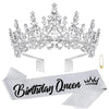 Silver rhinestone crown and tiara set with a glittery birthday queen sash