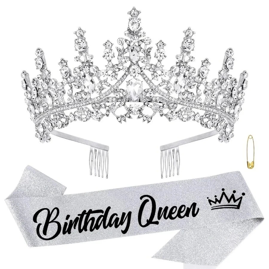 Silver rhinestone crown and tiara set with a glittery birthday queen sash