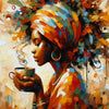 Vibrant oil painting of an African American woman with natural hair looking to the side, holding a cup, in warm earthy tones.
