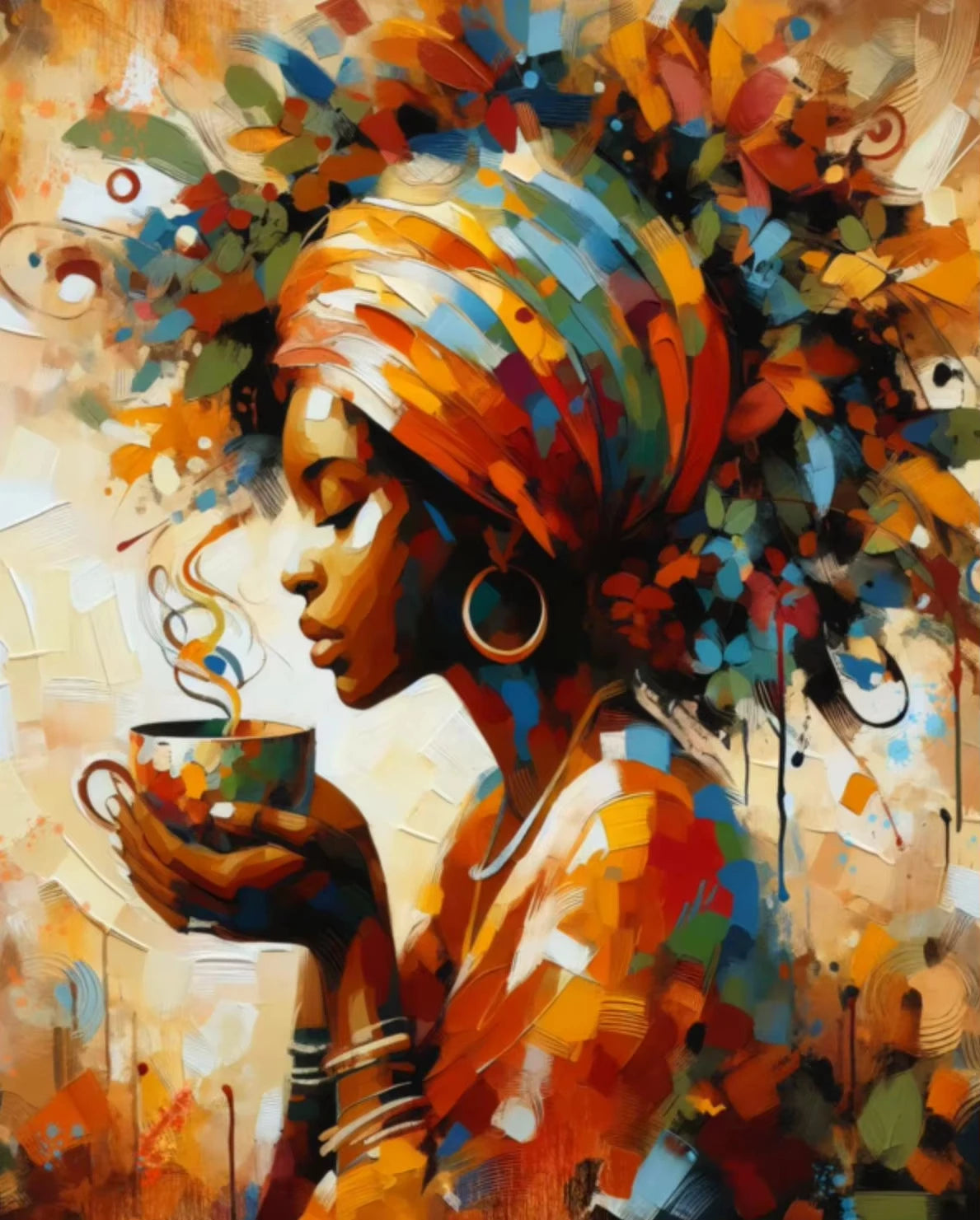 Vibrant oil painting of an African American woman with natural hair looking to the side, holding a cup, in warm earthy tones.