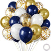 A bunch of chrome latex balloons in gold and navy blue colors are shown tied together.