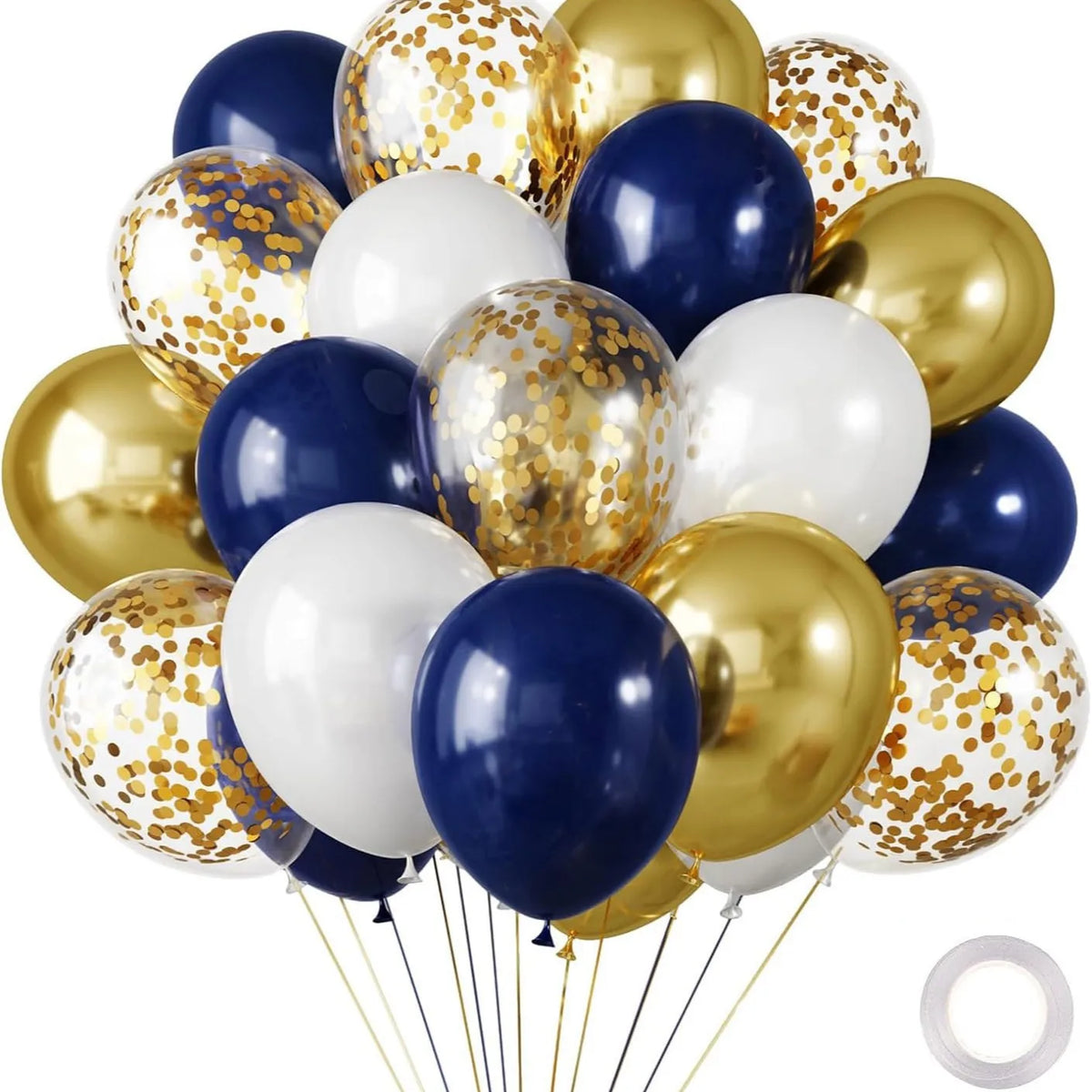 A bunch of chrome latex balloons in gold and navy blue colors are shown tied together.