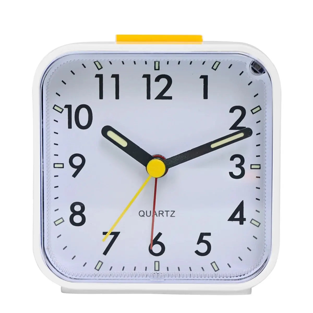 A white digital alarm clock face showing the time, with a yellow top and black hands.