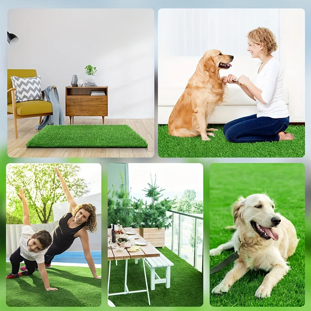 Eine Sammlung von Bildern, die hochwertige Kunstrasen-Bodenbeläge für Außen- und Innenräume zeigen.