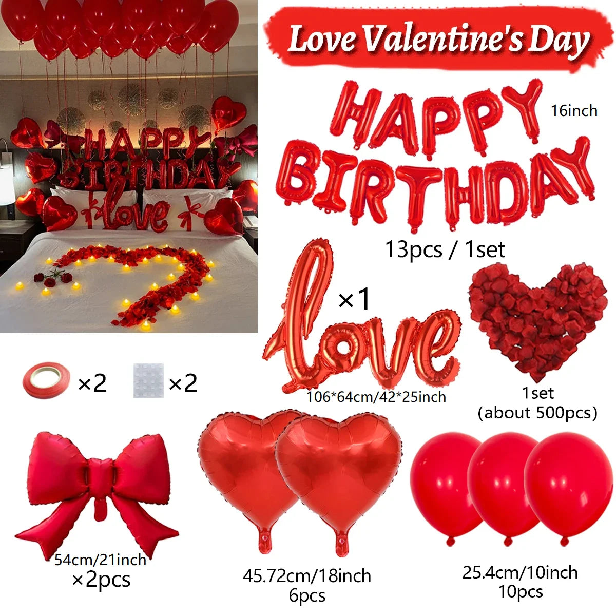 Red foil birthday balloon set featuring heart shapes and a bow for Valentine's Day or birthday celebrations