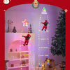 A festive scene showing a Santa climbing a ladder decorated with colorful LED Christmas lights in a modern interior.