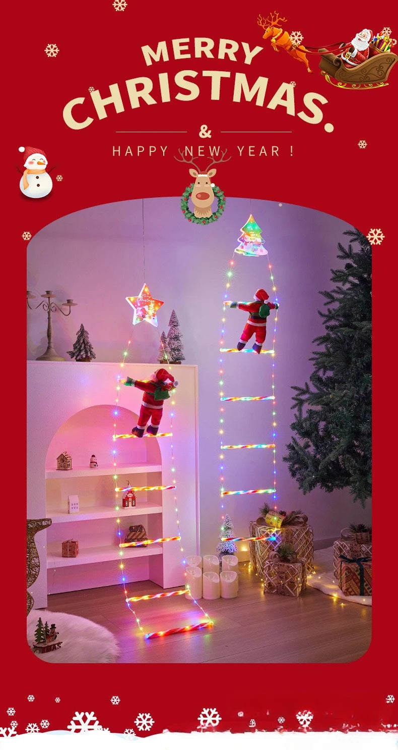 A festive scene showing a Santa climbing a ladder decorated with colorful LED Christmas lights in a modern interior.