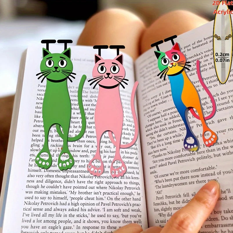 A set of decorative acrylic cat bookmarks featuring various feline characters and text.
