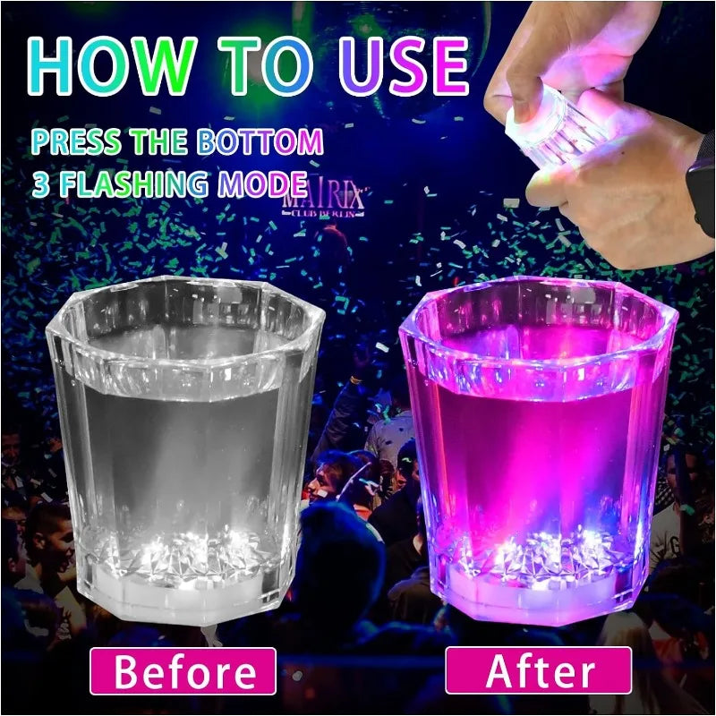 Before and after comparison of LED light-up shot glasses for parties