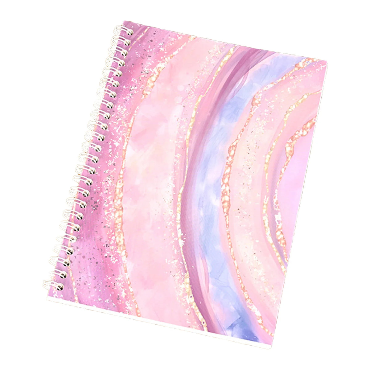 A colorful reusable sticker collecting album featuring watercolor pink and purple marbled pages with gold glitter accents.