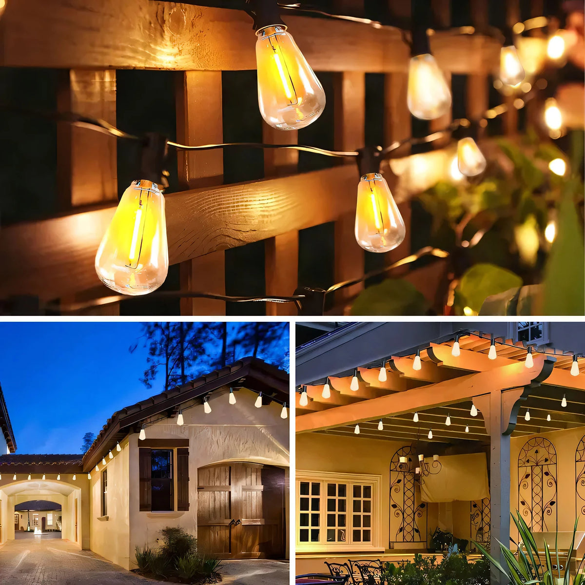 Outdoor string lights illuminating a house facade at dusk, featuring warm yellow bulbs.