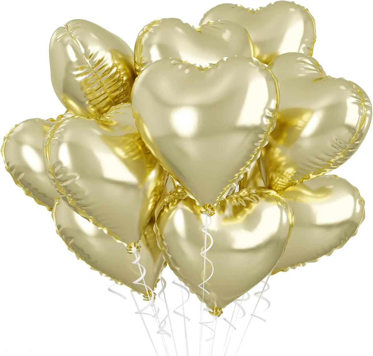 A bunch of shiny gold heart-shaped foil balloons tied together for a celebration