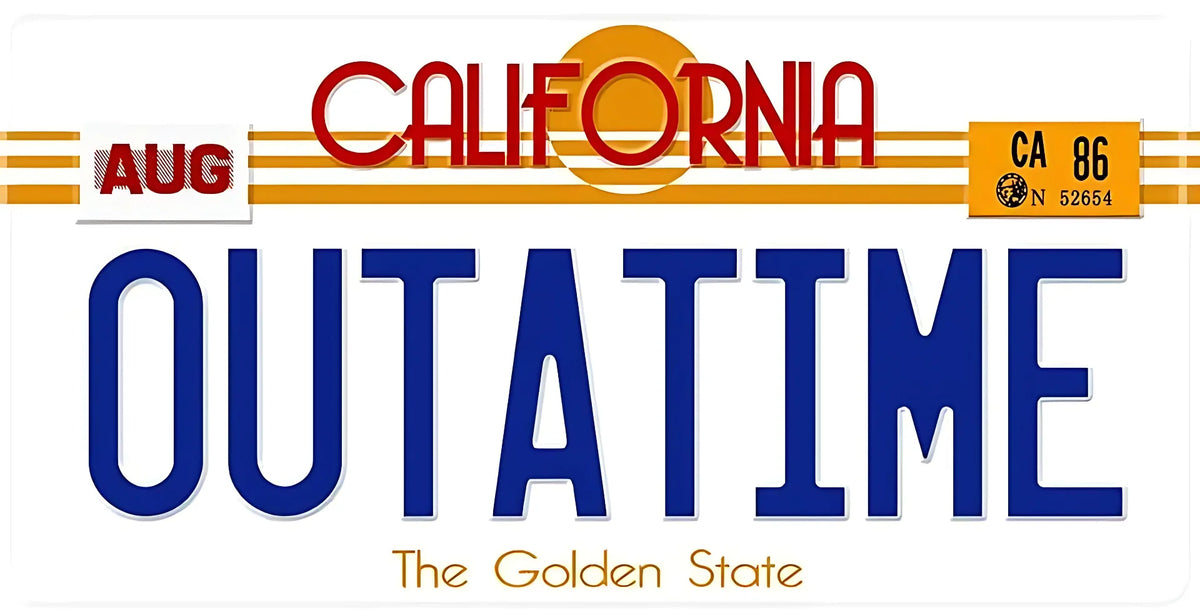 A vintage metal wall sign for Outatime featuring the California state flag design and text.