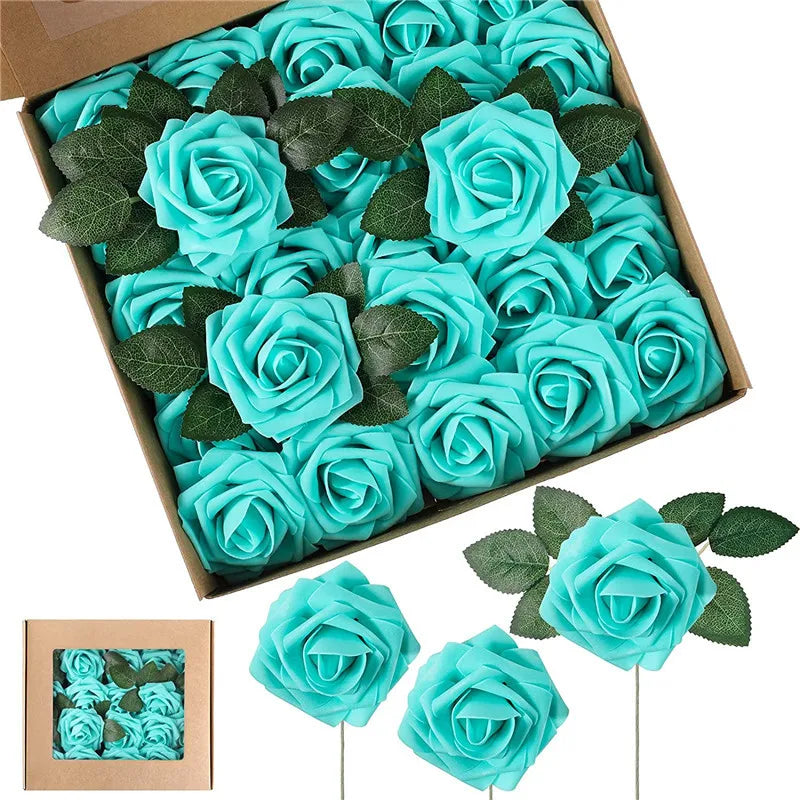 A box filled with realistic teal foam rose artificial flowers and several loose roses.
