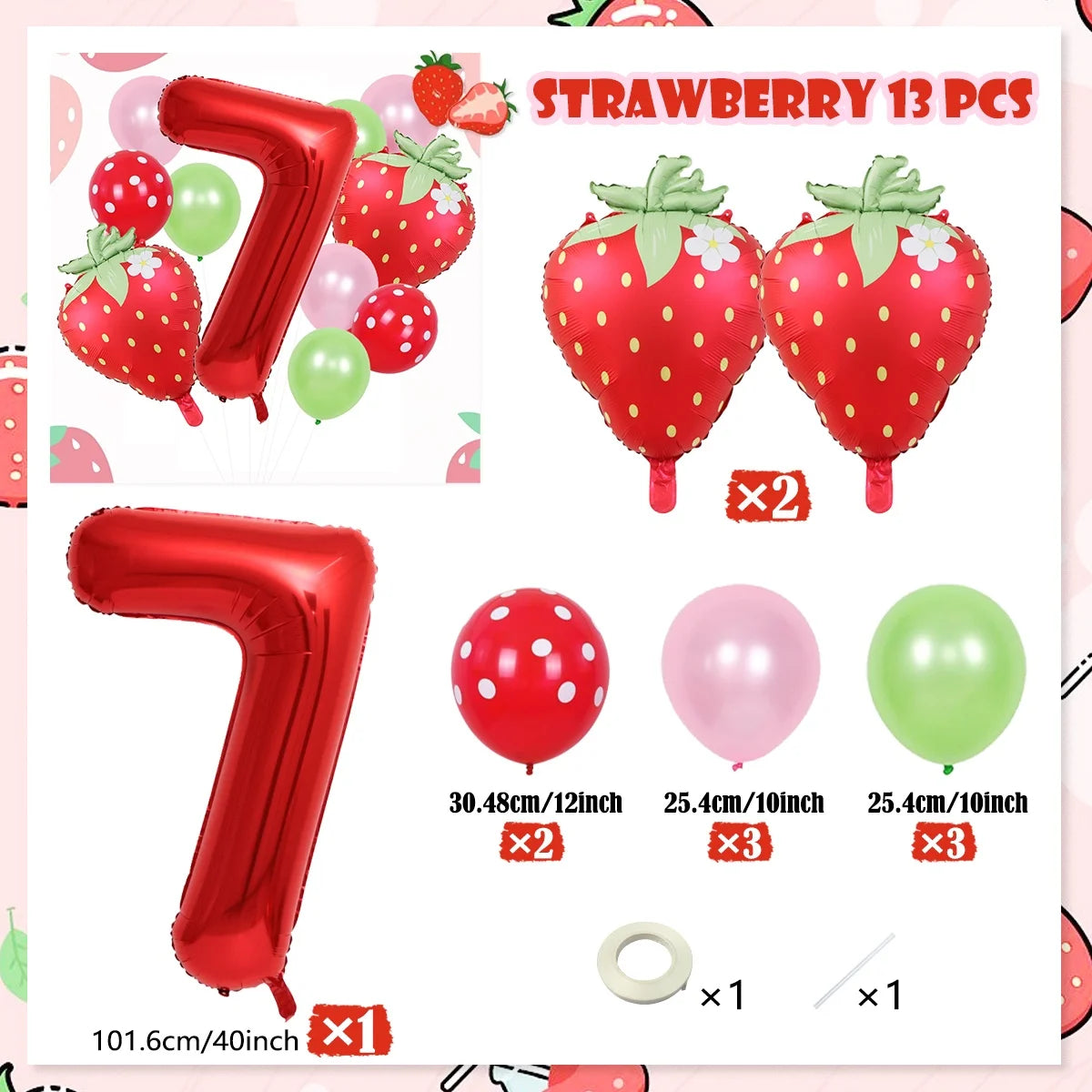 Strawberry foil balloon set including 13 pieces of red and green balloons and one large number seven balloon