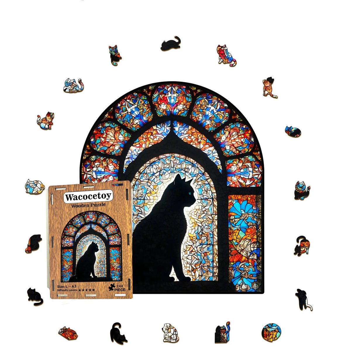 A wooden jigsaw puzzle shaped like a black cat, surrounded by loose puzzle pieces.