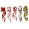 A collection of red and green candy cane patterned burlap ribbons rolled into spirals.