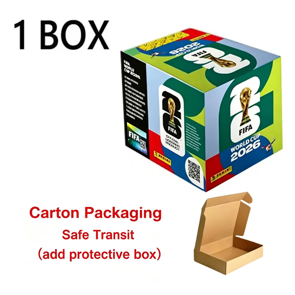 One box of Panini 2026 FIFA World Cup Official Sticker Collection, shown next to a cardboard packaging box.