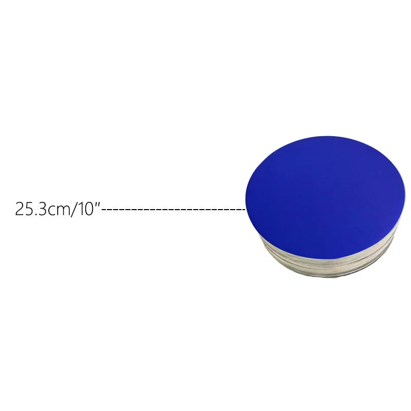 A stack of round blue cardboard cake boards, with a dimension line indicating 25.3 cm or 10 inches.