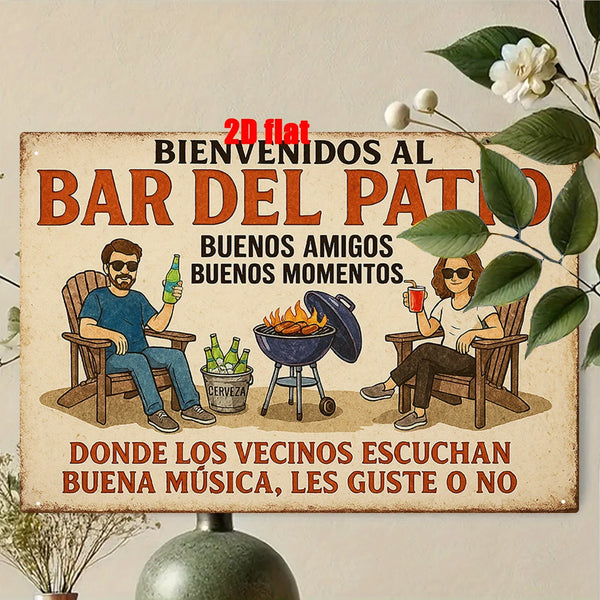 A rustic wooden sign welcomes guests to a bar patio, featuring text about good friends and music.