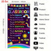 A vertical banner with colorful text welcoming students into a classroom, featuring words like friends, creative, amazing, an