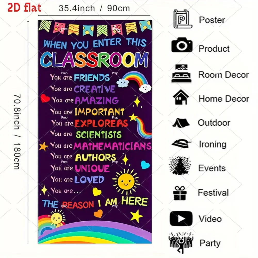 A vertical banner with colorful text welcoming students into a classroom, featuring words like friends, creative, amazing, an