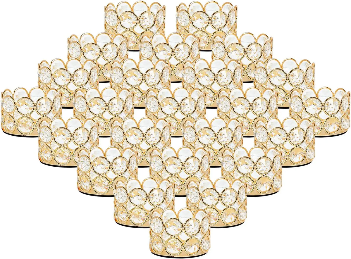 A set of 24 crystal gold votive candle holders arranged in a decorative pattern.