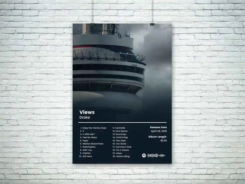 A black and white photograph of a ship is displayed on a canvas art poster titled Views by Drake.