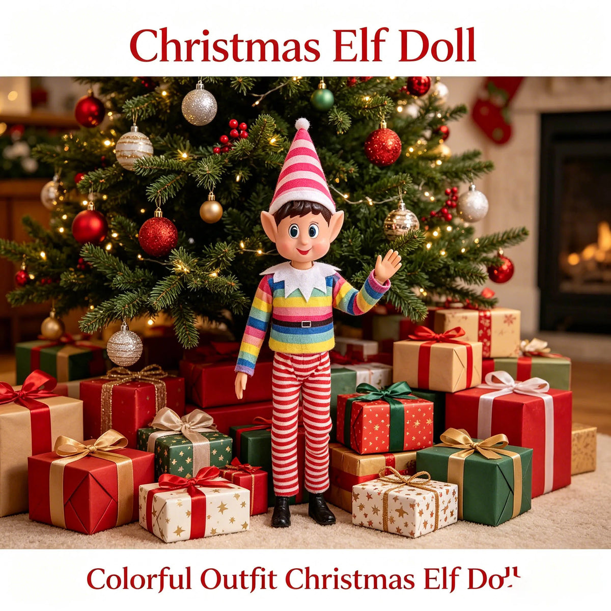 A standing Christmas elf doll dressed in colorful striped clothing surrounded by wrapped gifts and a decorated Christmas tree