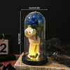 A glass dome display featuring a teddy bear made of yellow material and an eternal blue rose.