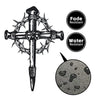 Black gothic metal cross wall art featuring thorns and labels indicating fade and water resistance