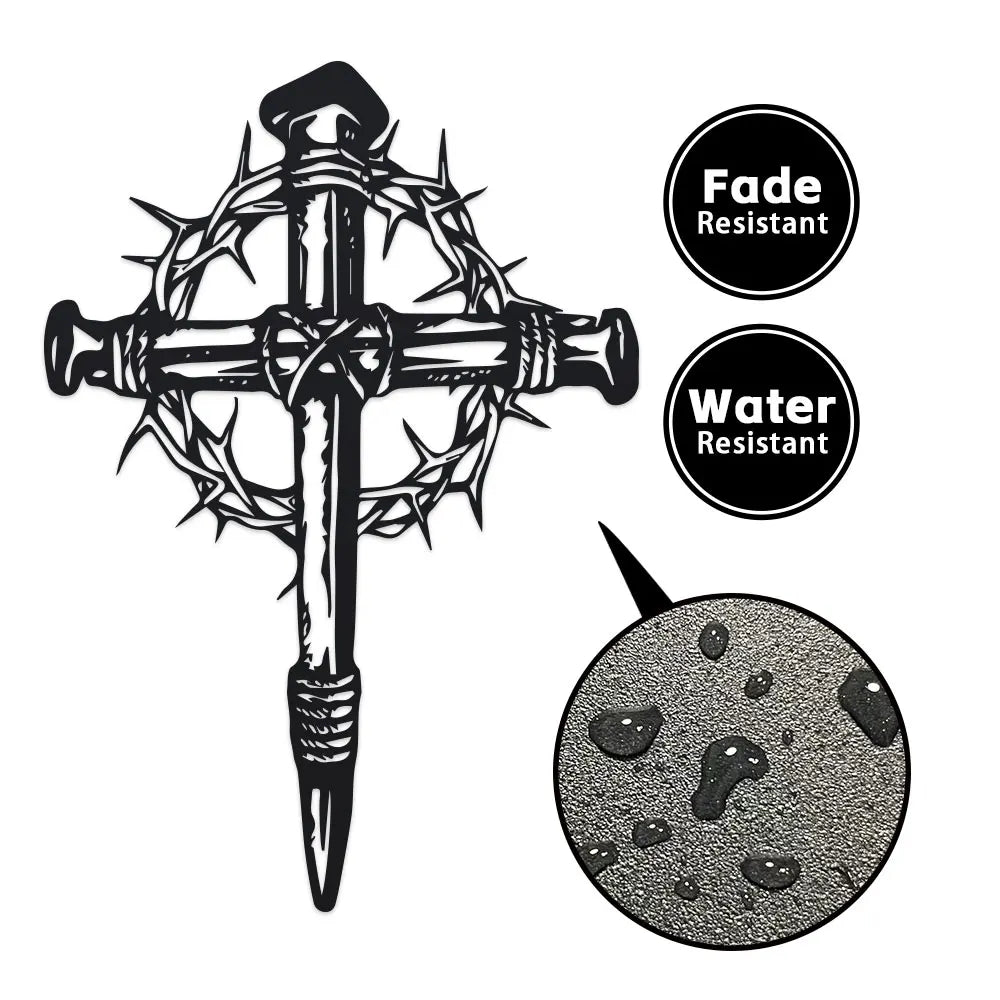 Black gothic metal cross wall art featuring thorns and labels indicating fade and water resistance