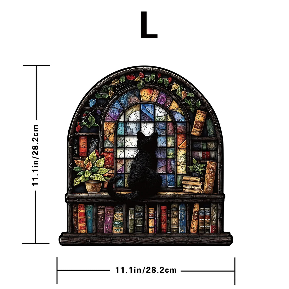 A cat-shaped wooden jigsaw puzzle featuring a cat sitting in an arched window surrounded by foliage and books.