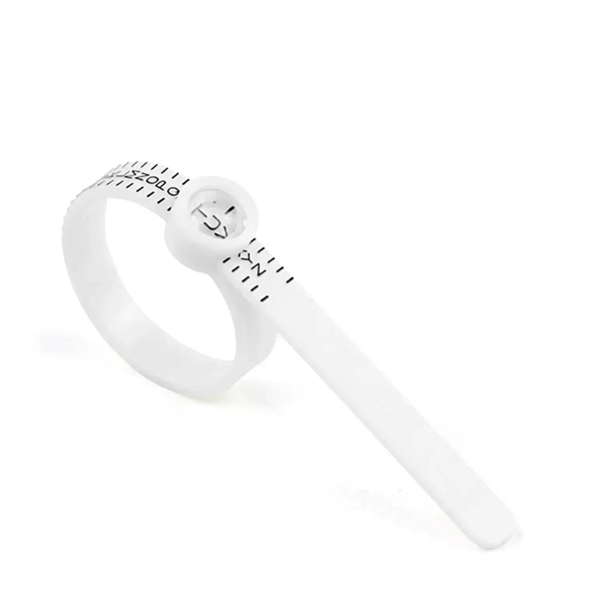 A white adjustable ring sizer with a built-in magnifier and a white ring.
