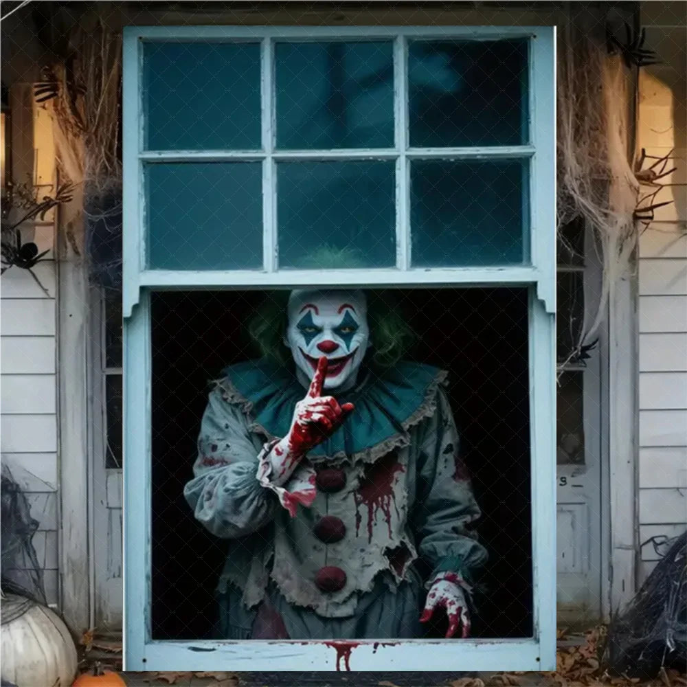 A spooky Halloween window banner featuring a clown figure in a distressed costume displayed in a window frame.