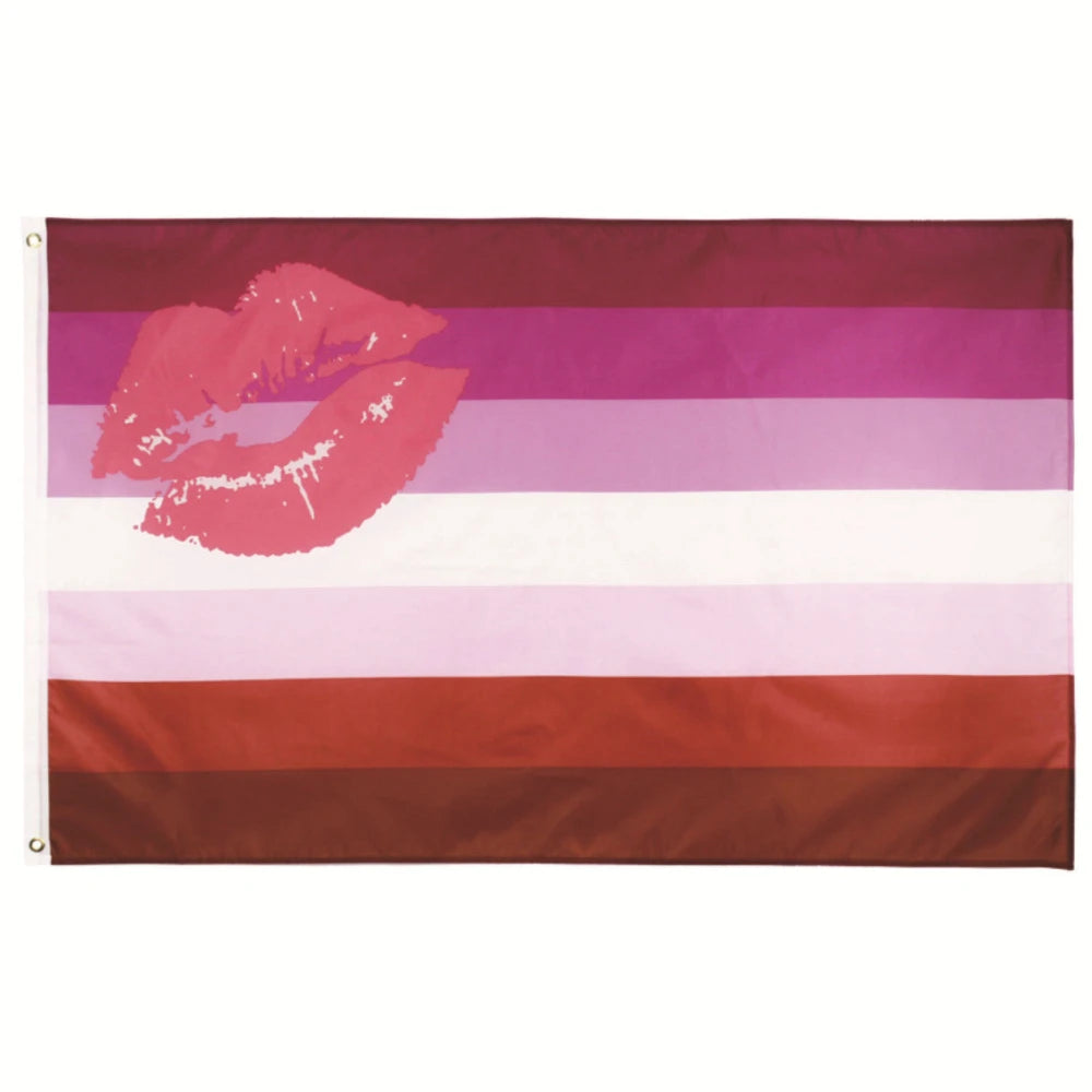 A horizontal Pride rainbow flag banner with six stripes of color including pink, purple, and red.