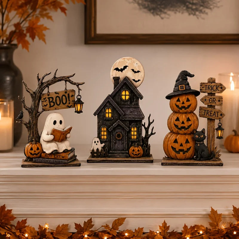 A wooden Halloween decor set featuring ghost, black cat, and pumpkin figurines displayed on a shelf.