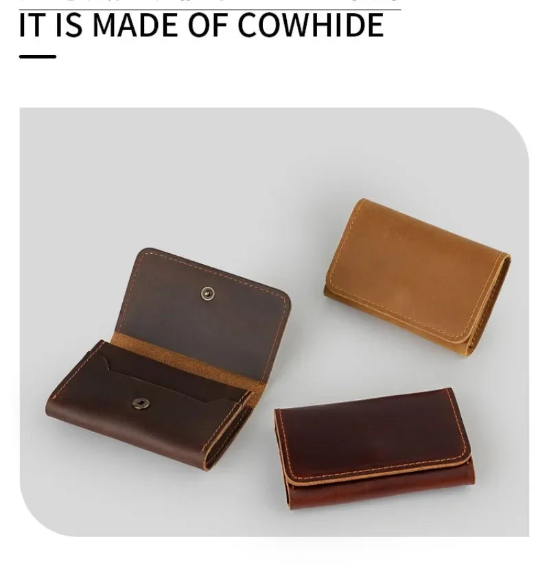 A set of brown leather card holders and cable organizers displayed on a light gray background.