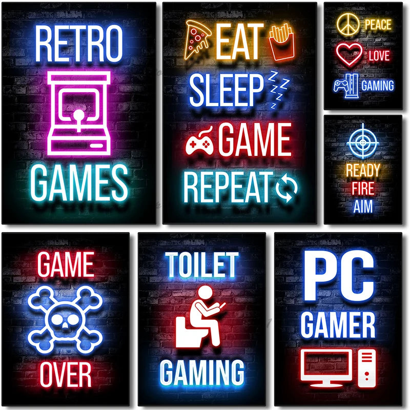 A canvas art print featuring neon alphabet signs for retro games, eat sleep game, and pc gamer over gaming.