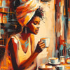 A portrait of an African American woman in an orange headwrap looking to the side while holding a cup.